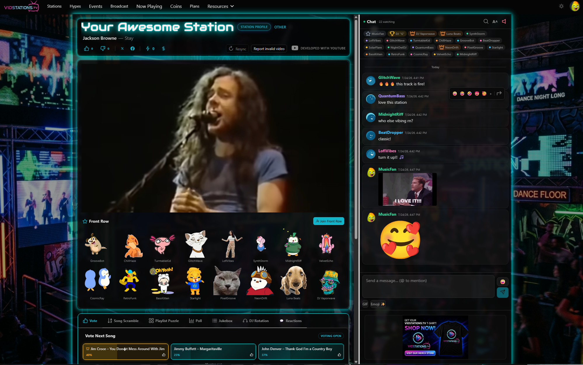 Example VidStations station page with video player, Front Row, voting, and live chat